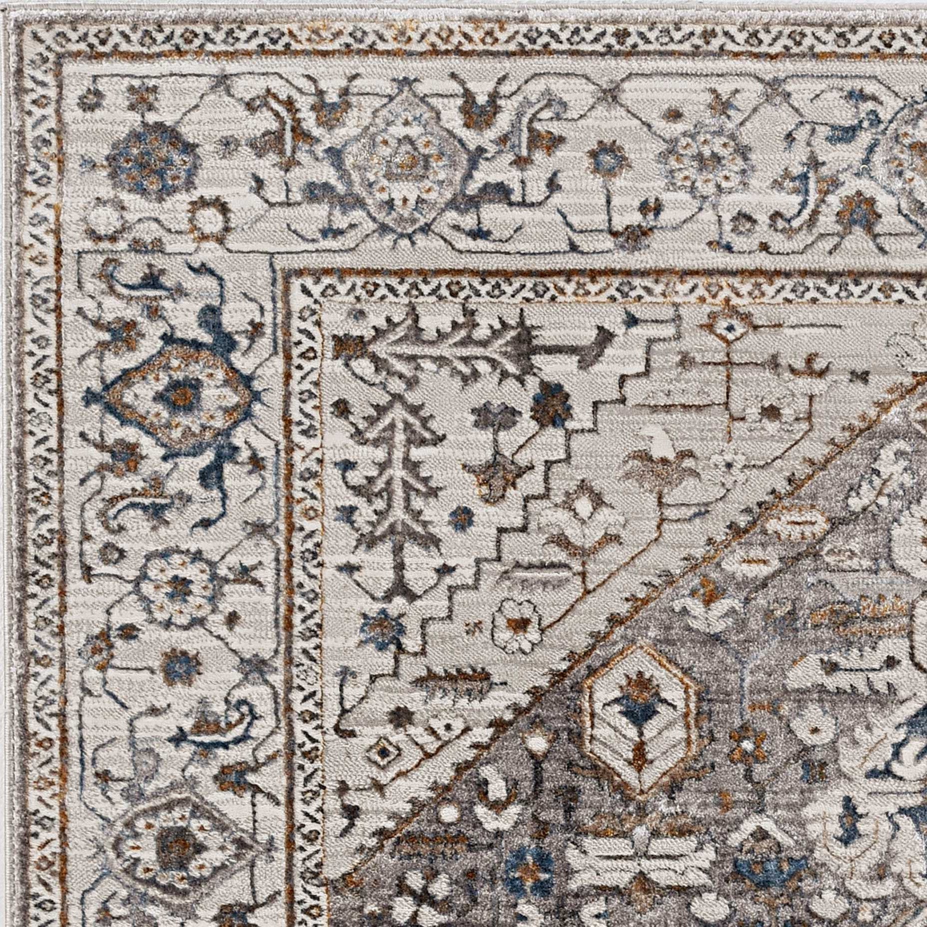 7' X 10' Ivory Gray And Brown Floral Medallion Area Rug-Area Rugs-DECOROLALA