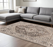 7' X 10' Ivory Gray And Brown Floral Medallion Area Rug-Area Rugs-DECOROLALA