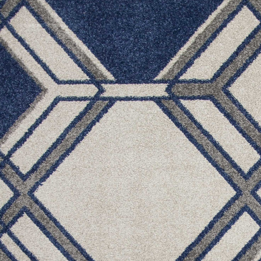 7' X 10' Ivory and Blue Geometric Indoor Outdoor Area Rug-Outdoor Rugs-DECOROLALA