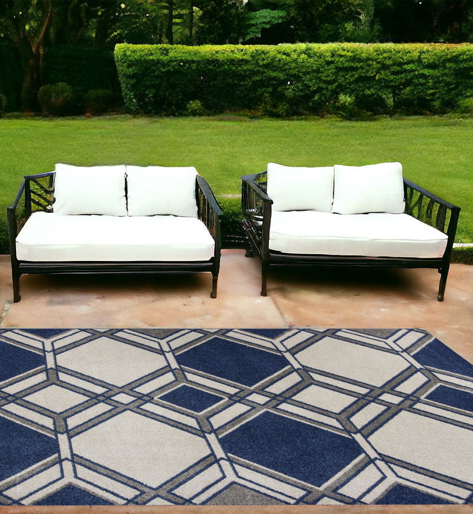 7' X 10' Ivory and Blue Geometric Indoor Outdoor Area Rug-Outdoor Rugs-DECOROLALA