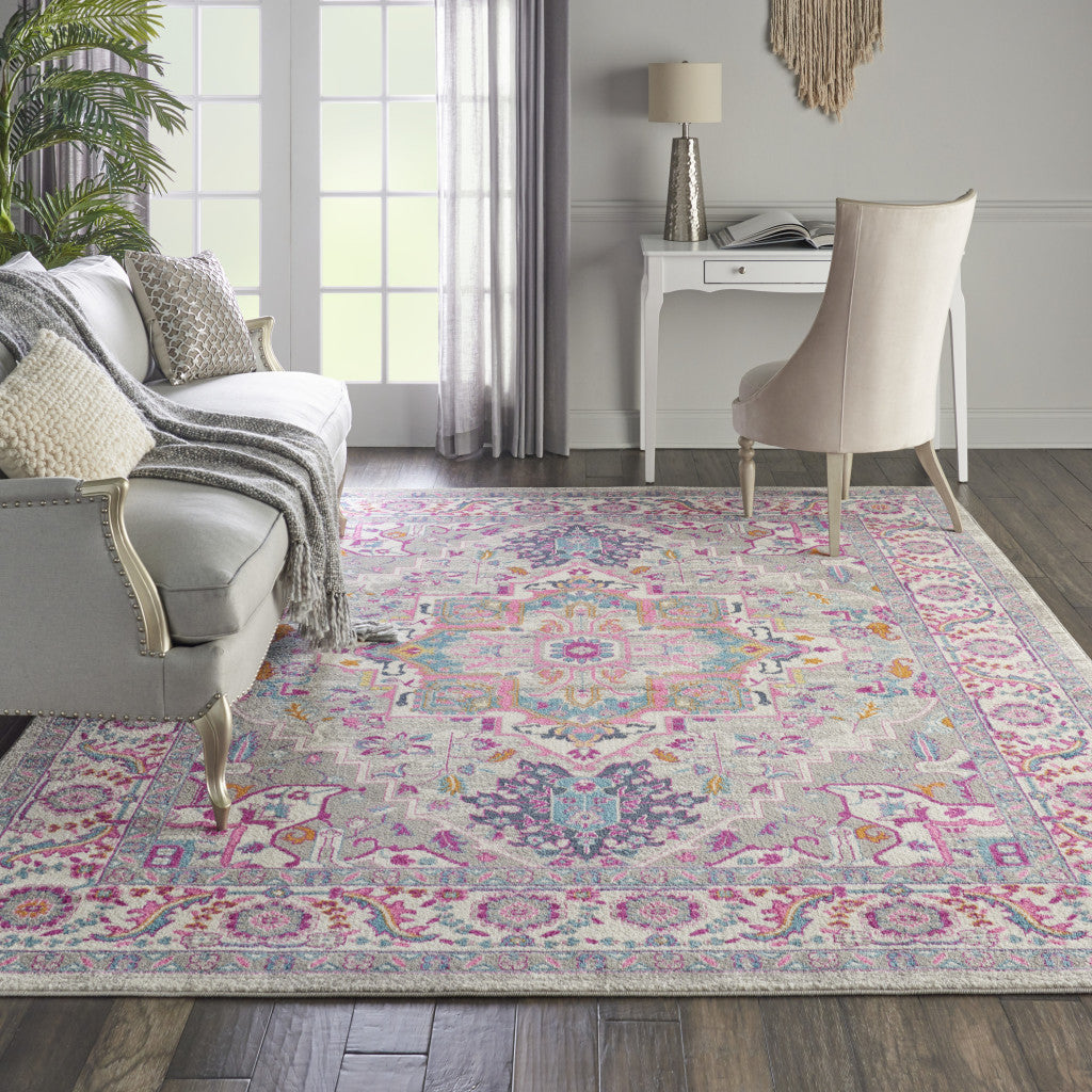 7' X 10' Light Gray And Pink Medallion Area Rug-Area Rugs-DECOROLALA
