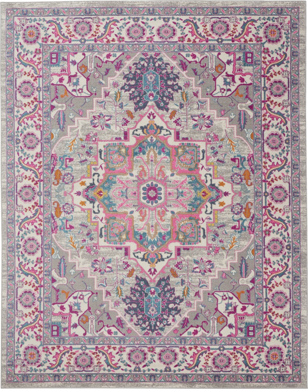 7' X 10' Light Gray And Pink Medallion Area Rug-Area Rugs-DECOROLALA