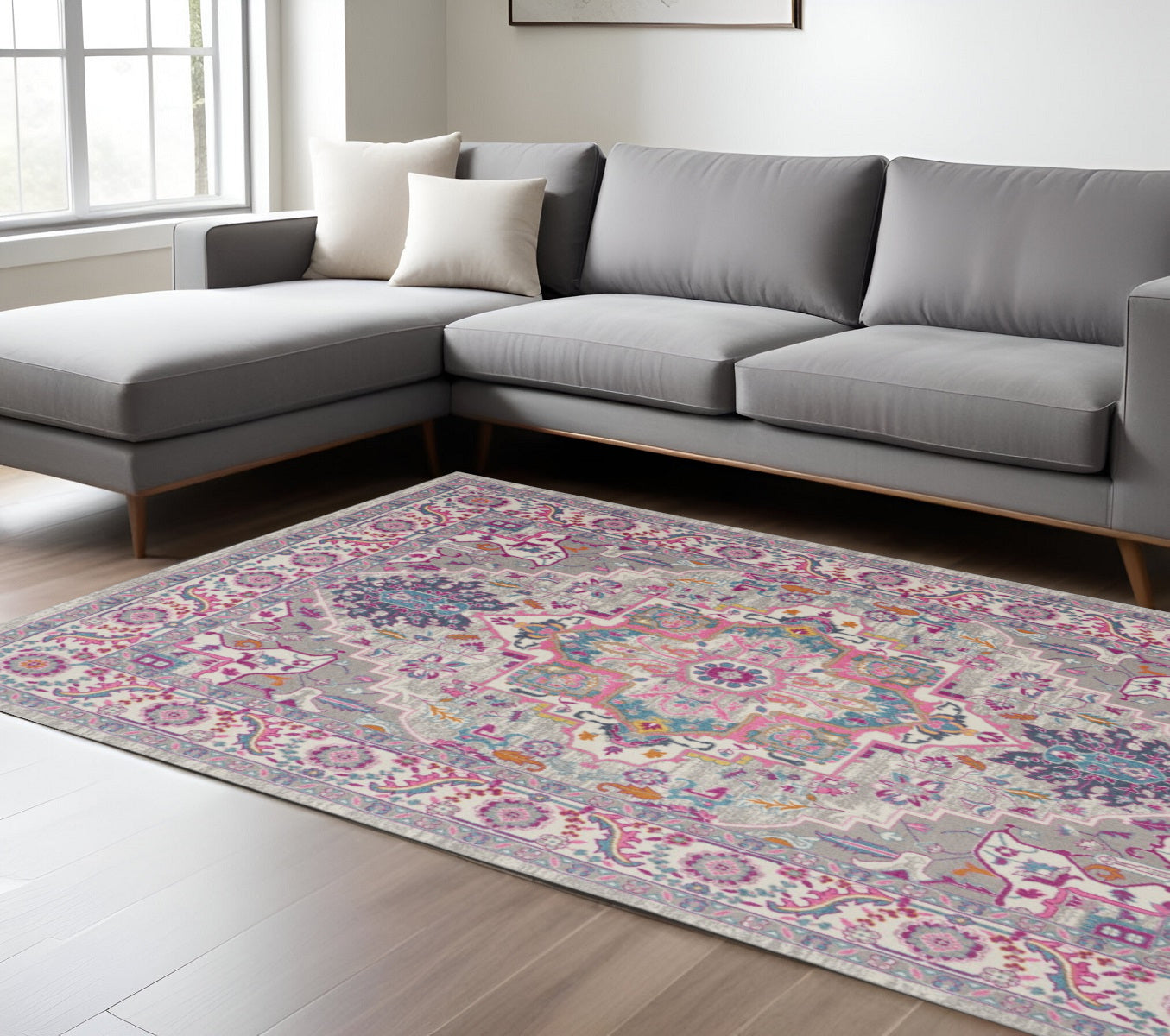 7' X 10' Light Gray And Pink Medallion Area Rug-Area Rugs-DECOROLALA