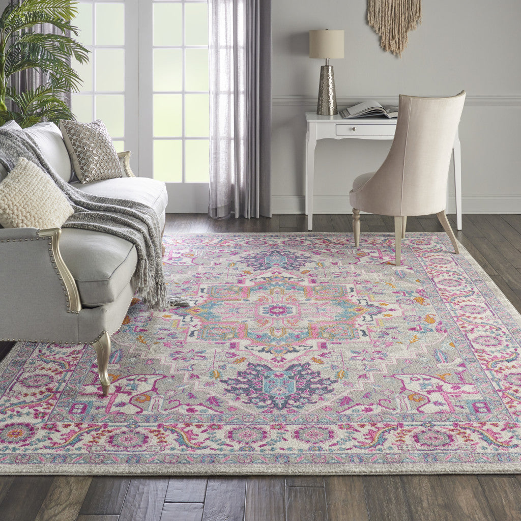 7' X 10' Light Gray And Pink Medallion Area Rug-Area Rugs-DECOROLALA
