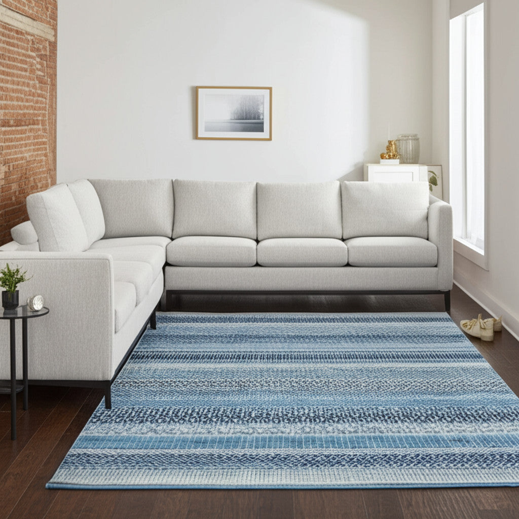 7' X 10' Navy Blue And Ivory Southwestern Area Rug-Area Rugs-DECOROLALA