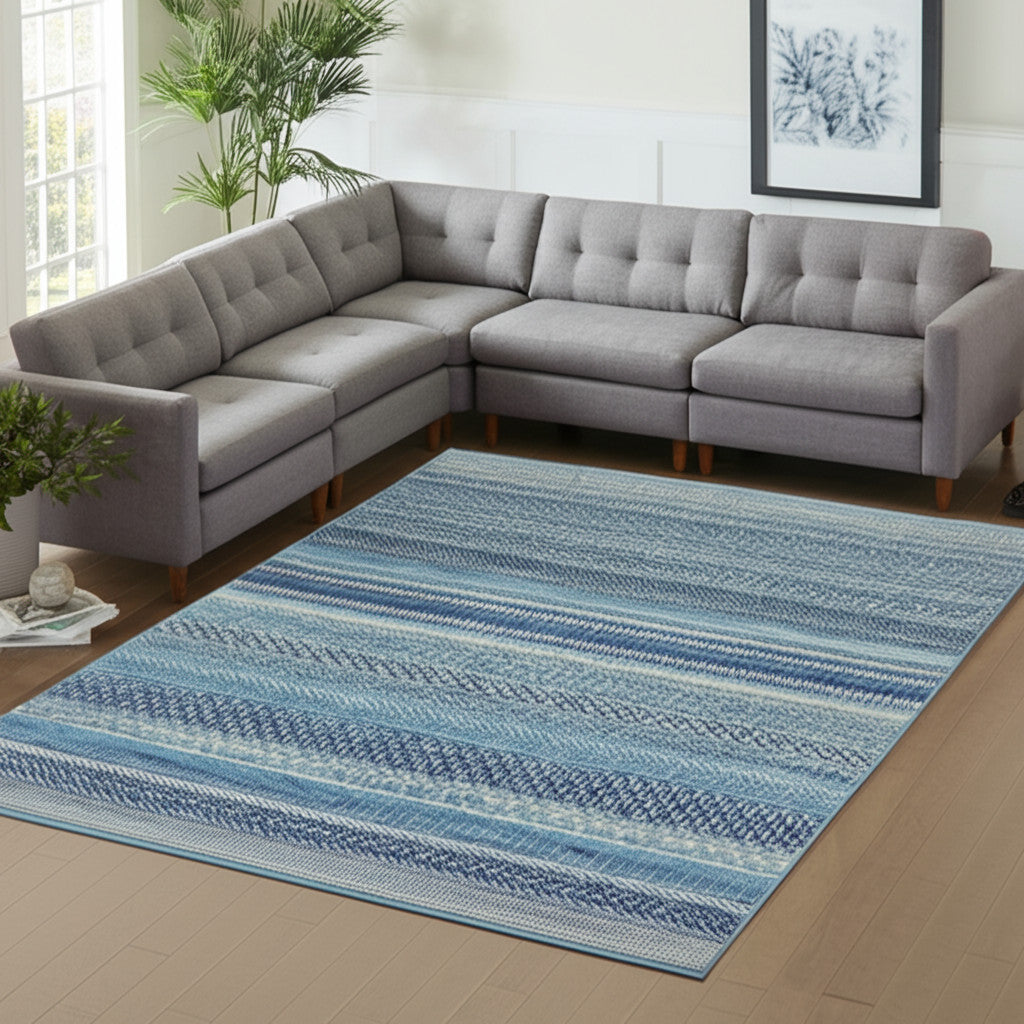 7' X 10' Navy Blue And Ivory Southwestern Area Rug-Area Rugs-DECOROLALA