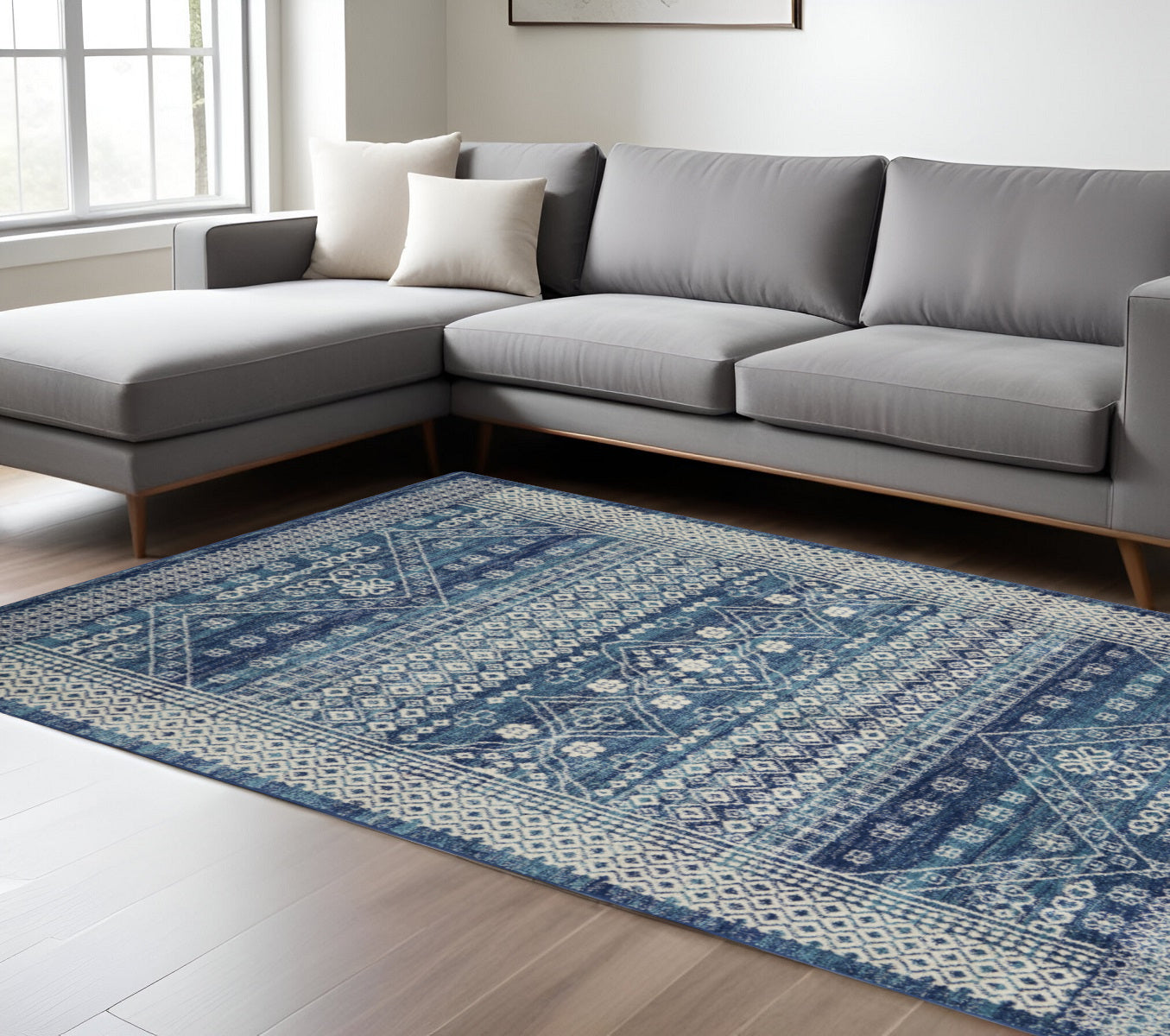 7' X 10' Navy Blue And Ivory Tribal Area Rug-Area Rugs-DECOROLALA