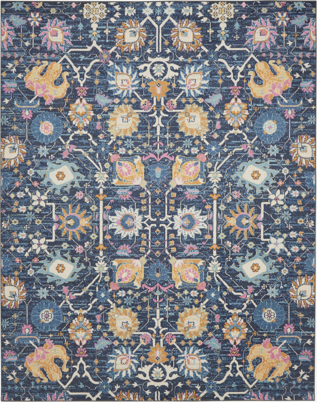 7' X 10' Navy Blue Yellow And Pink Floral Area Rug-Area Rugs-DECOROLALA