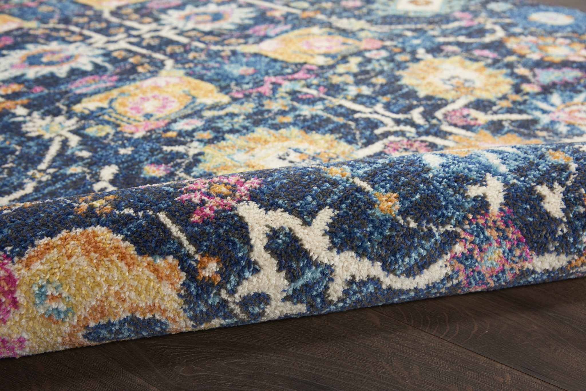 7' X 10' Navy Blue Yellow And Pink Floral Area Rug-Area Rugs-DECOROLALA