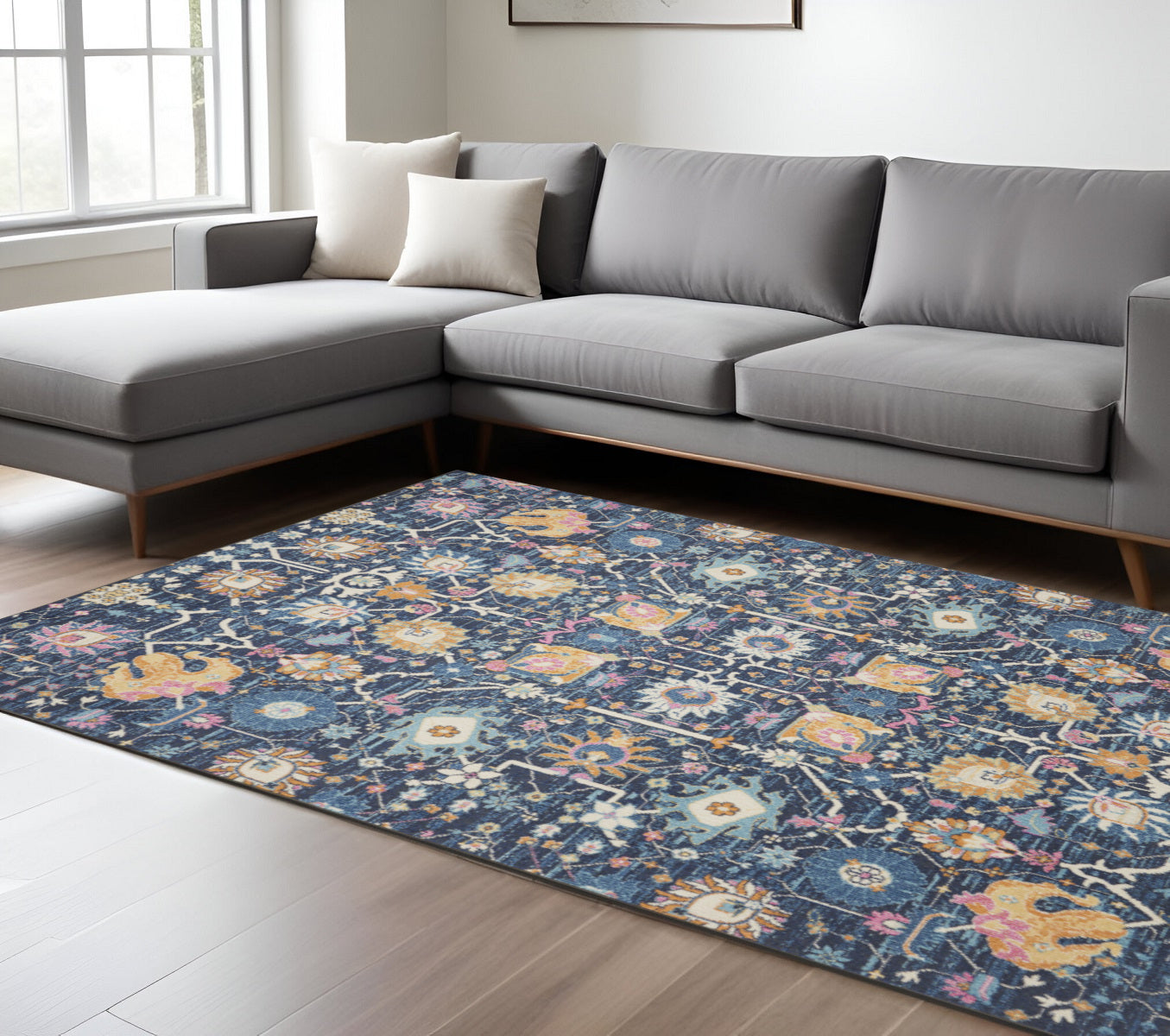 7' X 10' Navy Blue Yellow And Pink Floral Area Rug-Area Rugs-DECOROLALA
