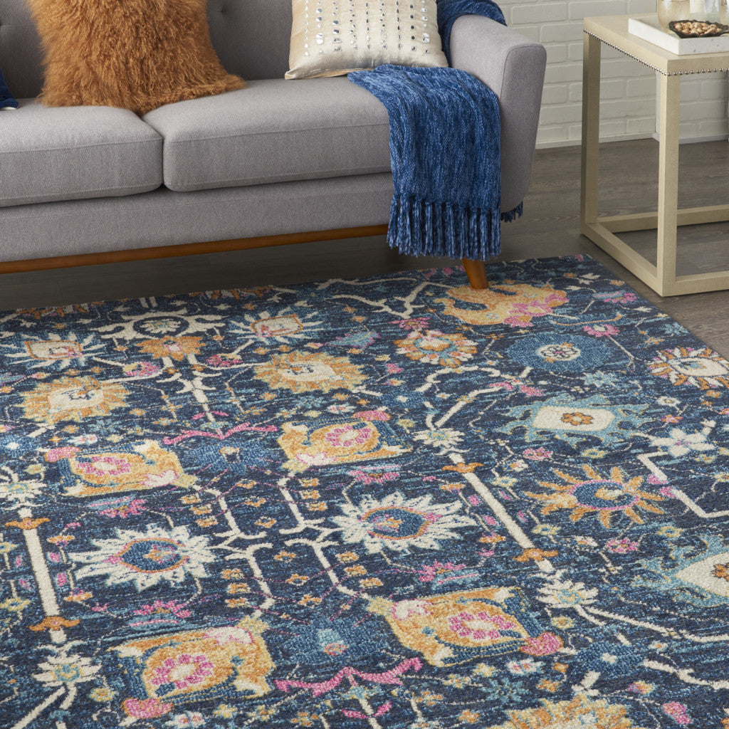 7' X 10' Navy Blue Yellow And Pink Floral Area Rug-Area Rugs-DECOROLALA