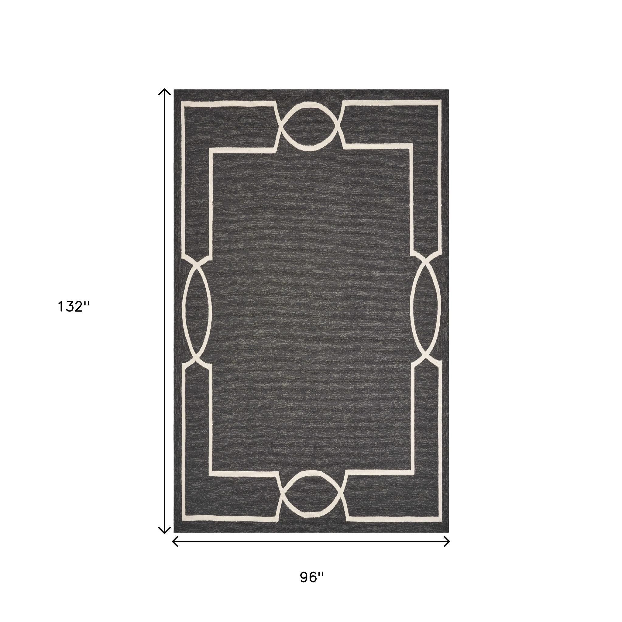 7' X 10' Onyx And White Geometric Handmade Indoor Outdoor Area Rug-Outdoor Rugs-DECOROLALA