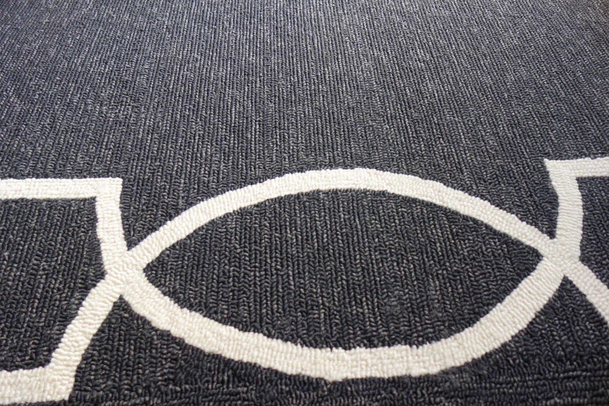 7' X 10' Onyx And White Geometric Handmade Indoor Outdoor Area Rug-Outdoor Rugs-DECOROLALA