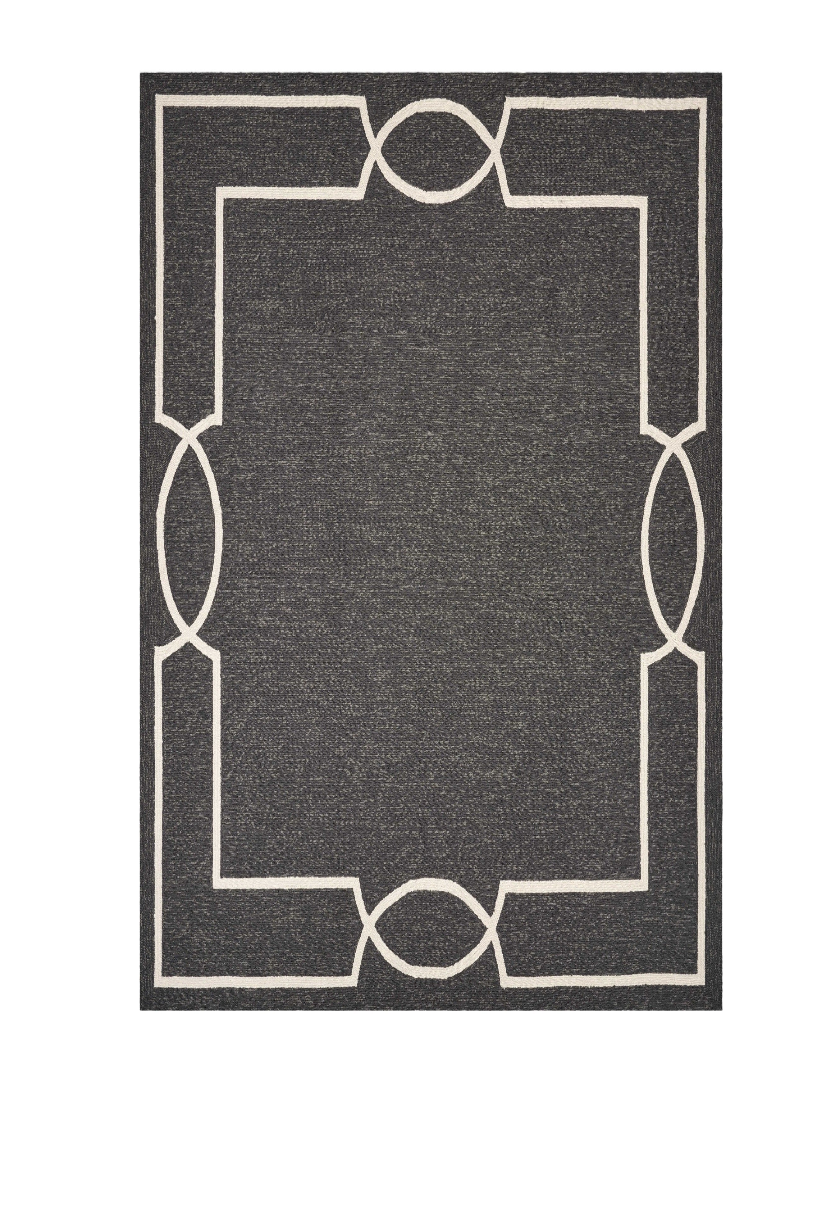 7' X 10' Onyx And White Geometric Handmade Indoor Outdoor Area Rug-Outdoor Rugs-DECOROLALA