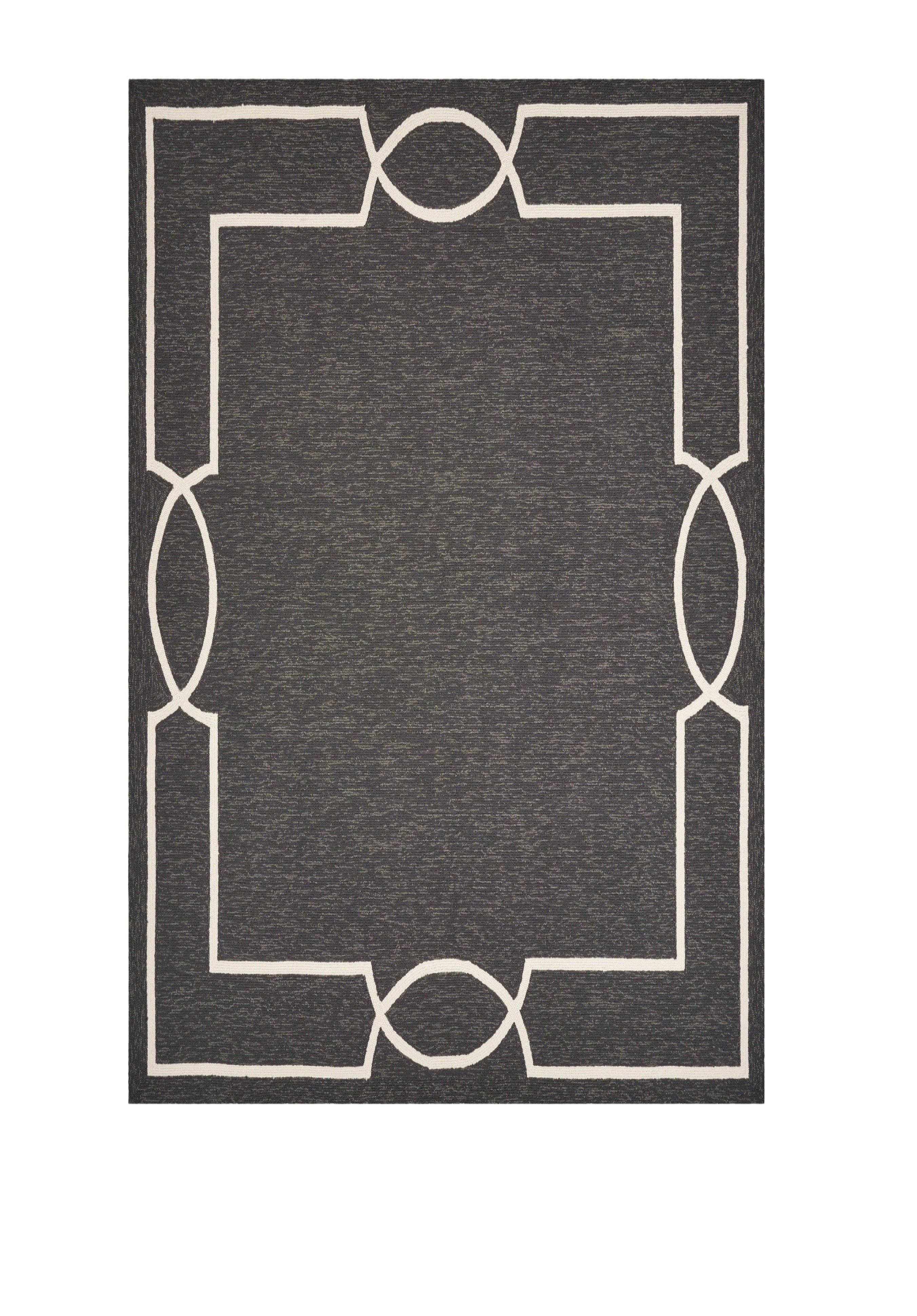 7' X 10' Onyx And White Geometric Handmade Indoor Outdoor Area Rug-Outdoor Rugs-DECOROLALA