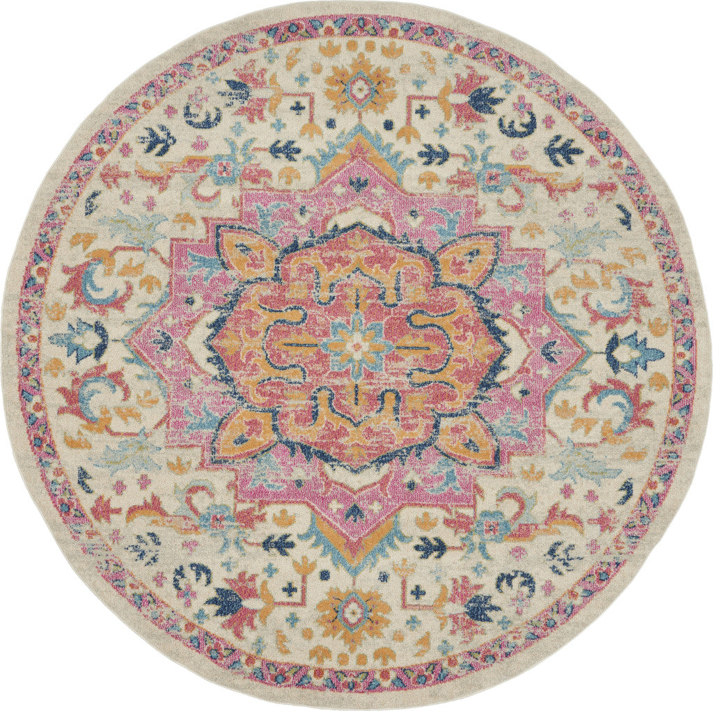 7' X 10' Pink And Ivory Southwestern Distressed Area Rug-Area Rugs-DECOROLALA