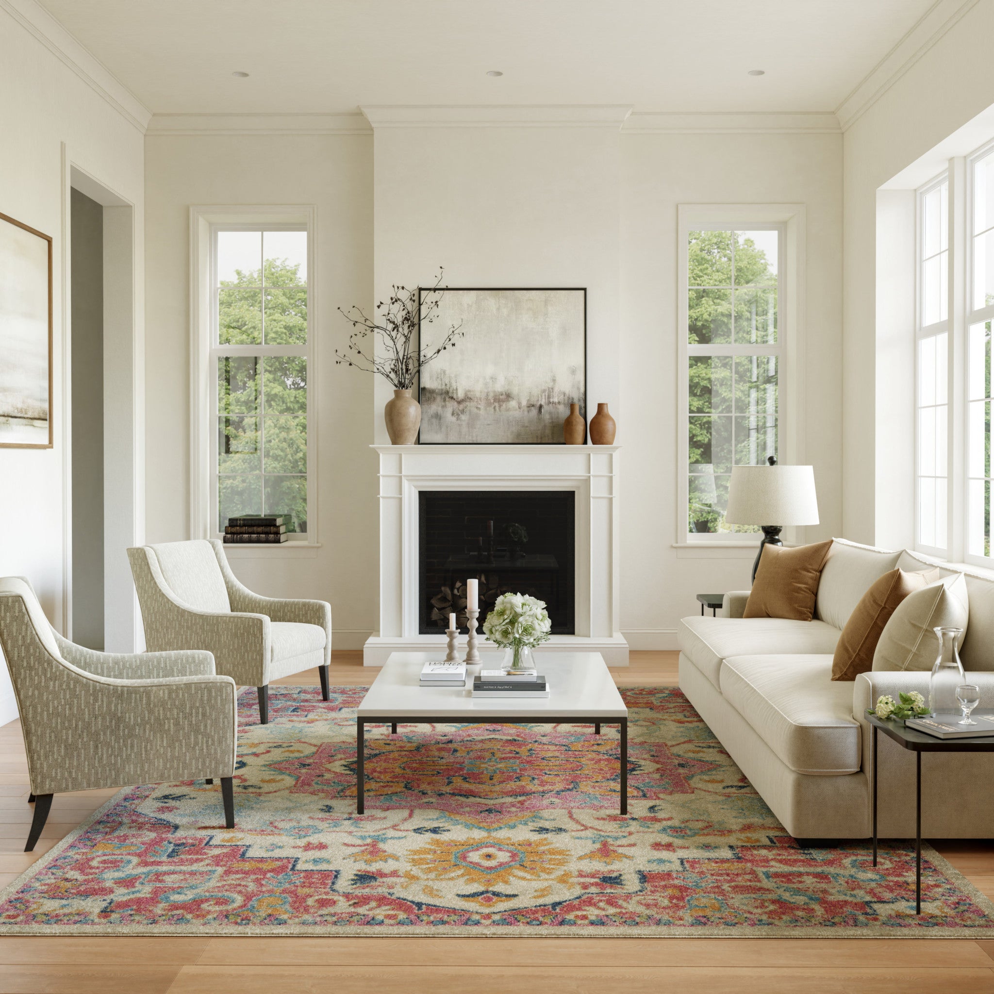 7' X 10' Pink And Ivory Southwestern Distressed Area Rug-Area Rugs-DECOROLALA