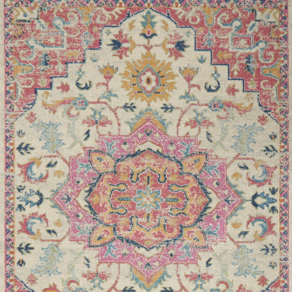 7' X 10' Pink And Ivory Southwestern Distressed Area Rug-Area Rugs-DECOROLALA