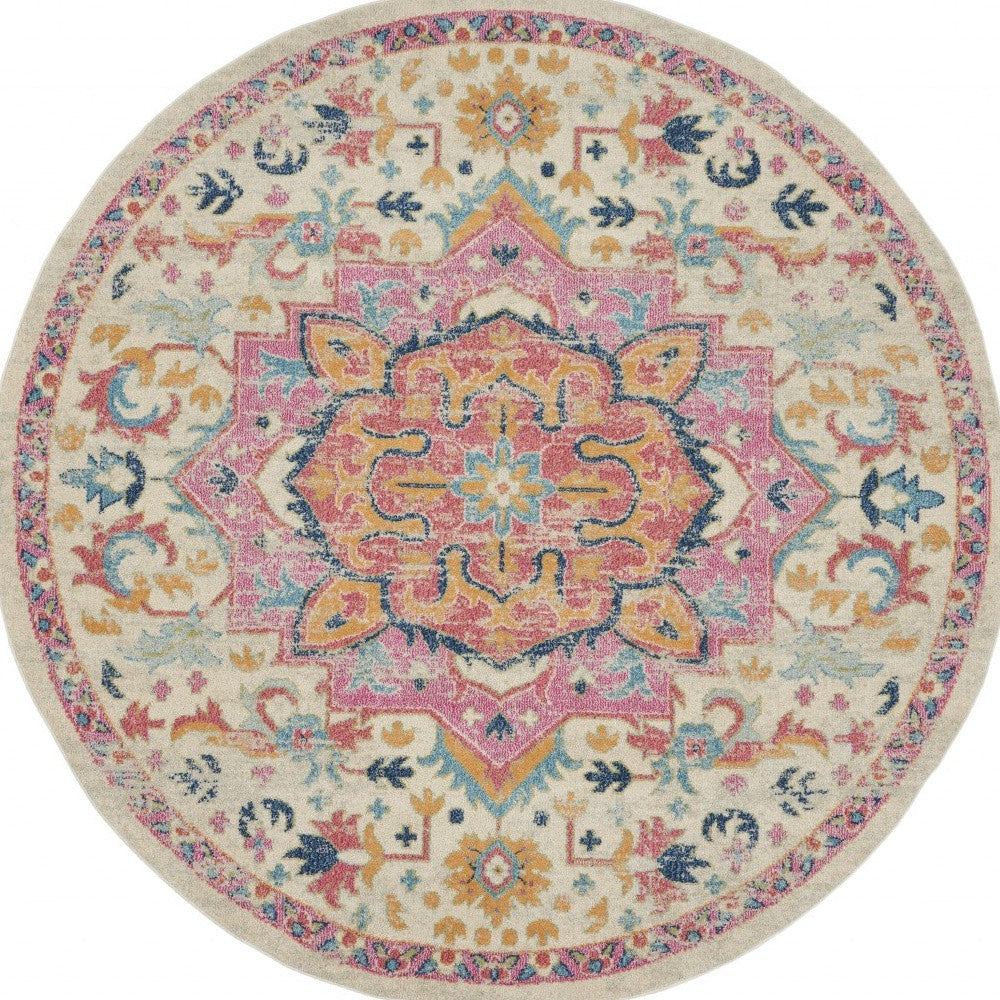 7' X 10' Pink And Ivory Southwestern Distressed Area Rug-Area Rugs-DECOROLALA