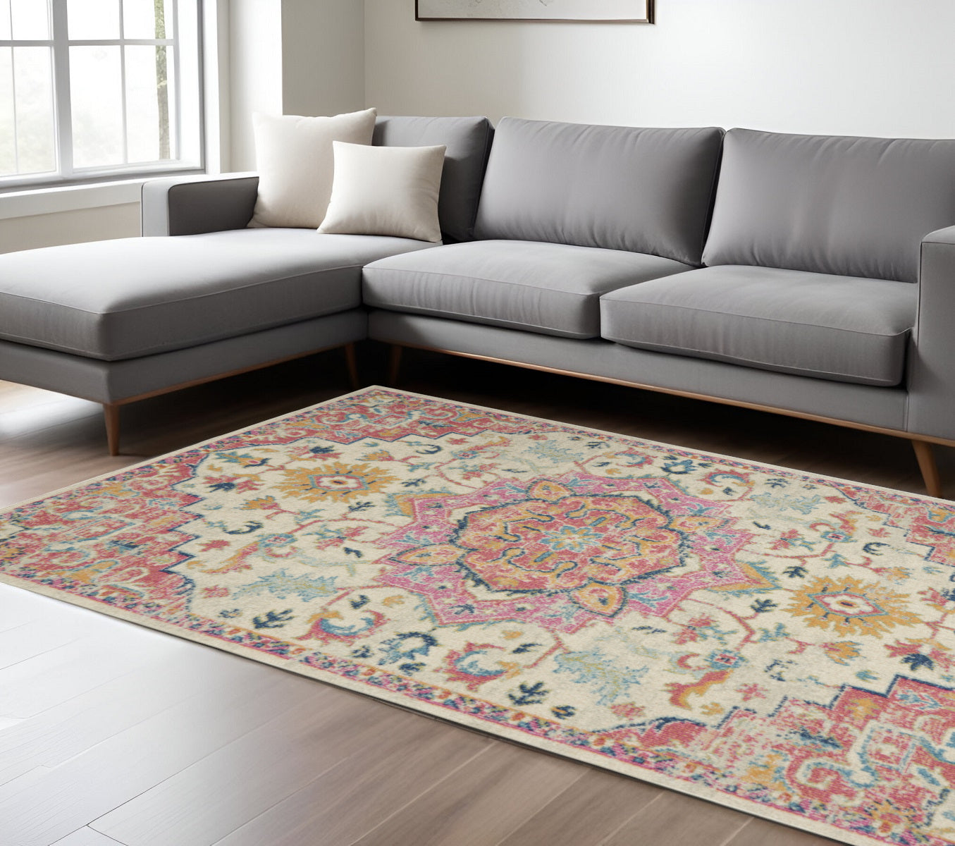 7' X 10' Pink And Ivory Southwestern Distressed Area Rug-Area Rugs-DECOROLALA