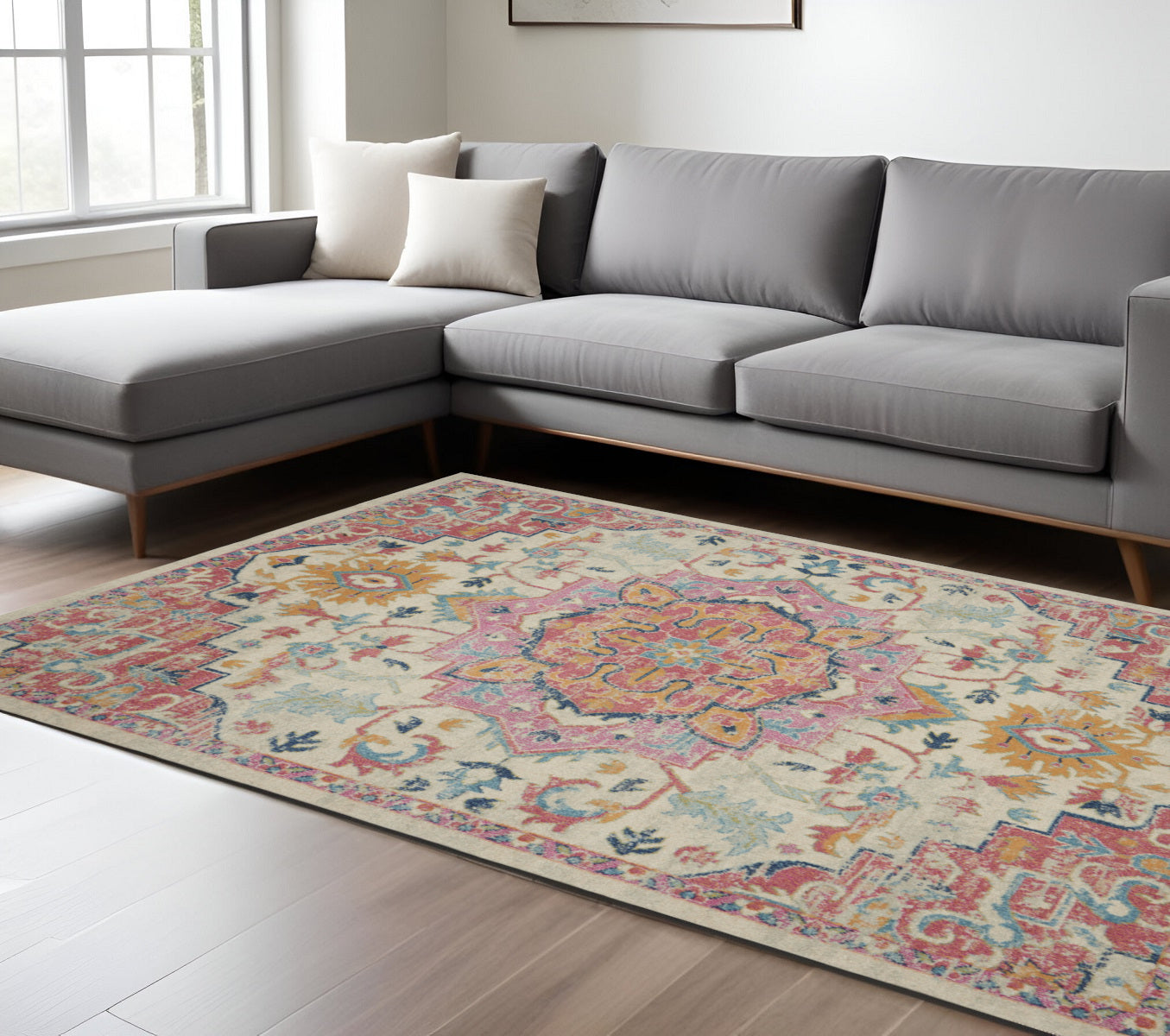 7' X 10' Pink And Ivory Southwestern Distressed Area Rug-Area Rugs-DECOROLALA