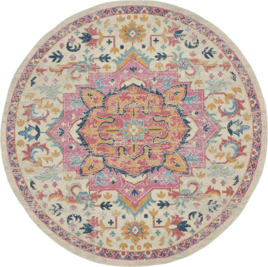 7' X 10' Pink And Ivory Southwestern Distressed Area Rug-Area Rugs-DECOROLALA