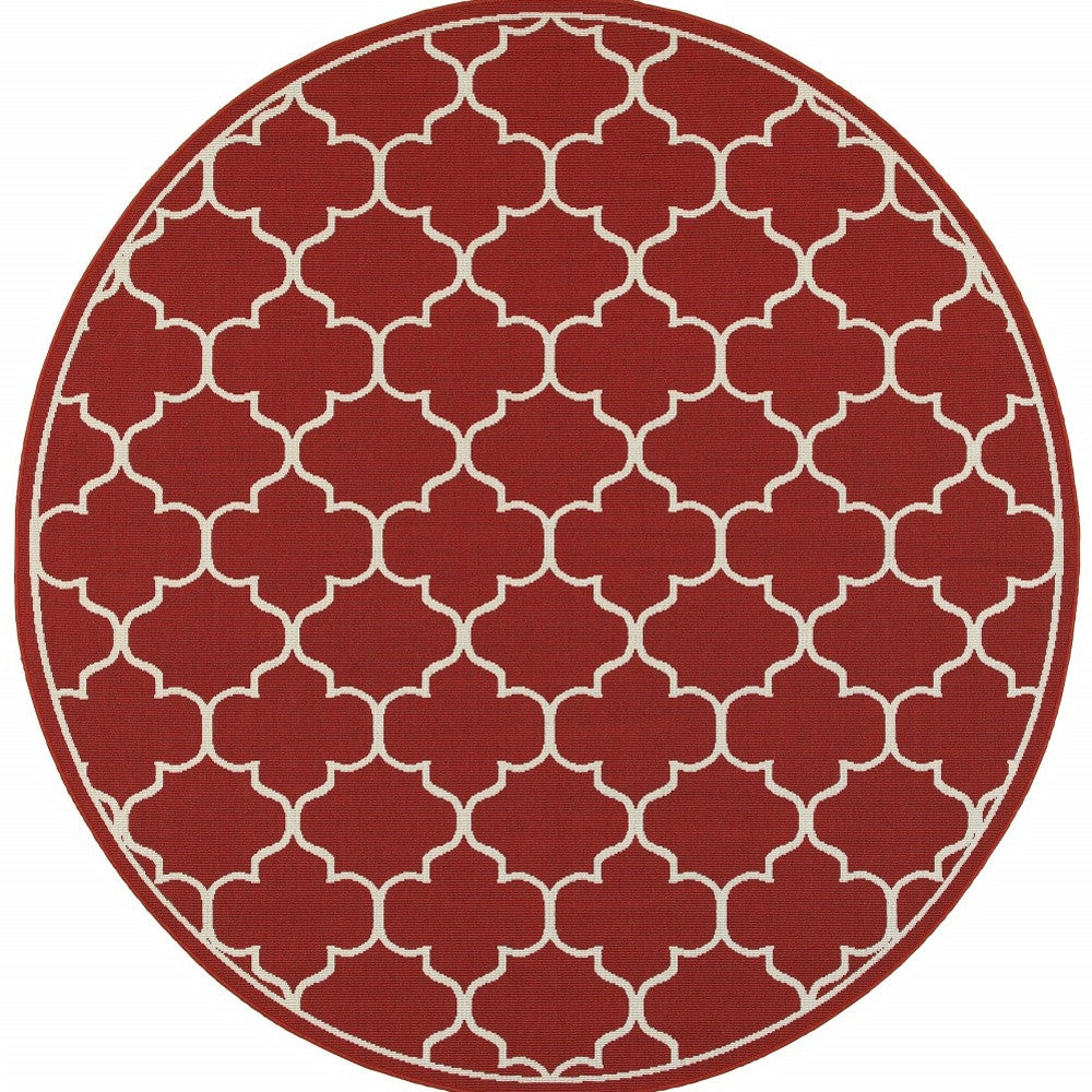 7' X 10' Red And Ivory Indoor Outdoor Area Rug-Outdoor Rugs-DECOROLALA