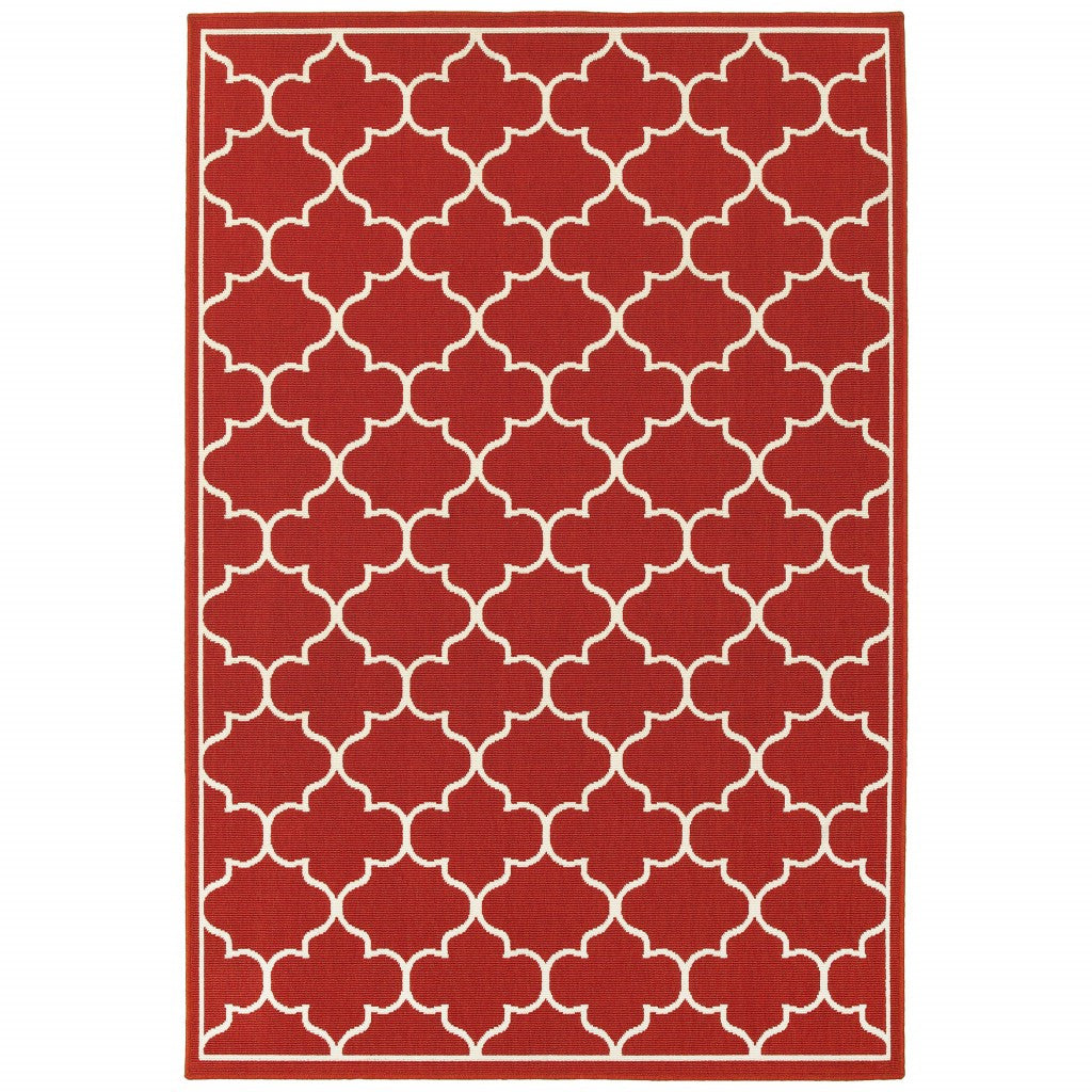 7' X 10' Red And Ivory Indoor Outdoor Area Rug-Outdoor Rugs-DECOROLALA