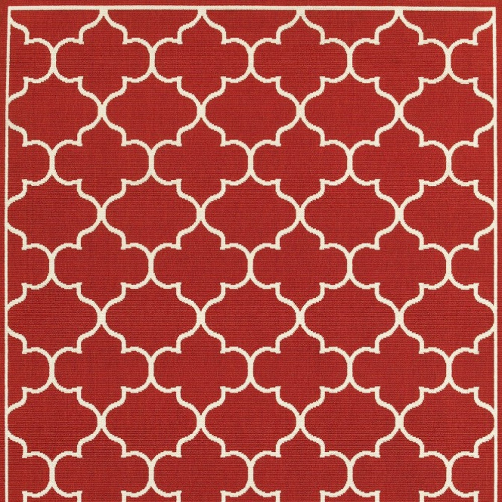 7' X 10' Red And Ivory Indoor Outdoor Area Rug-Outdoor Rugs-DECOROLALA