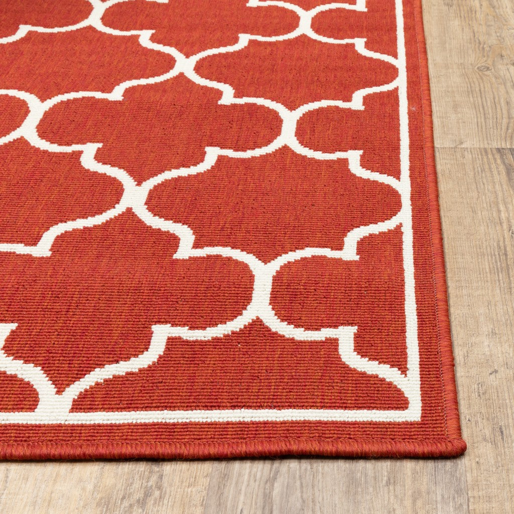 7' X 10' Red And Ivory Indoor Outdoor Area Rug-Outdoor Rugs-DECOROLALA