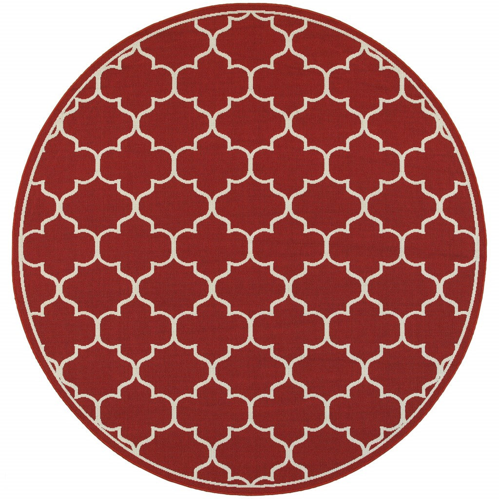 7' X 10' Red And Ivory Indoor Outdoor Area Rug-Outdoor Rugs-DECOROLALA