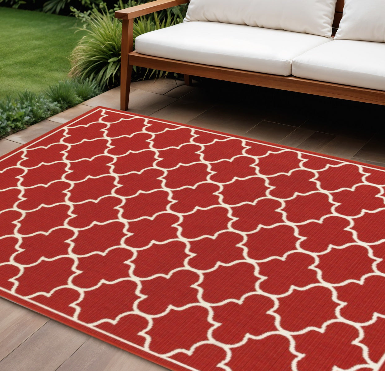 7' X 10' Red And Ivory Indoor Outdoor Area Rug-Outdoor Rugs-DECOROLALA