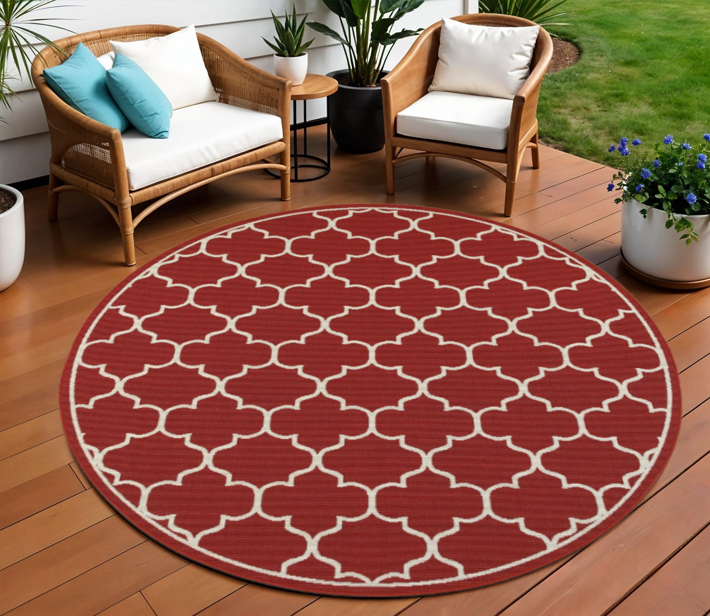 7' X 10' Red And Ivory Indoor Outdoor Area Rug-Outdoor Rugs-DECOROLALA