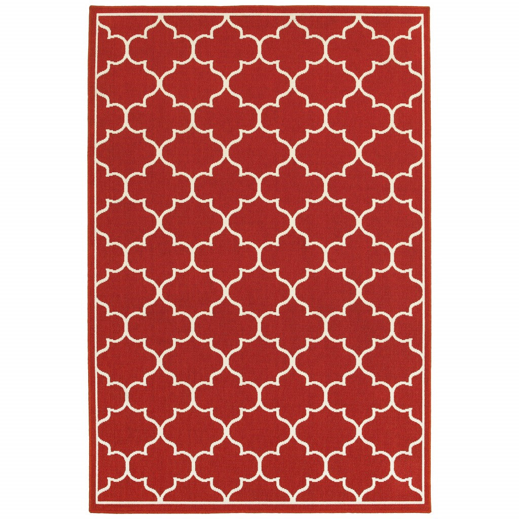 7' X 10' Red And Ivory Indoor Outdoor Area Rug-Outdoor Rugs-DECOROLALA