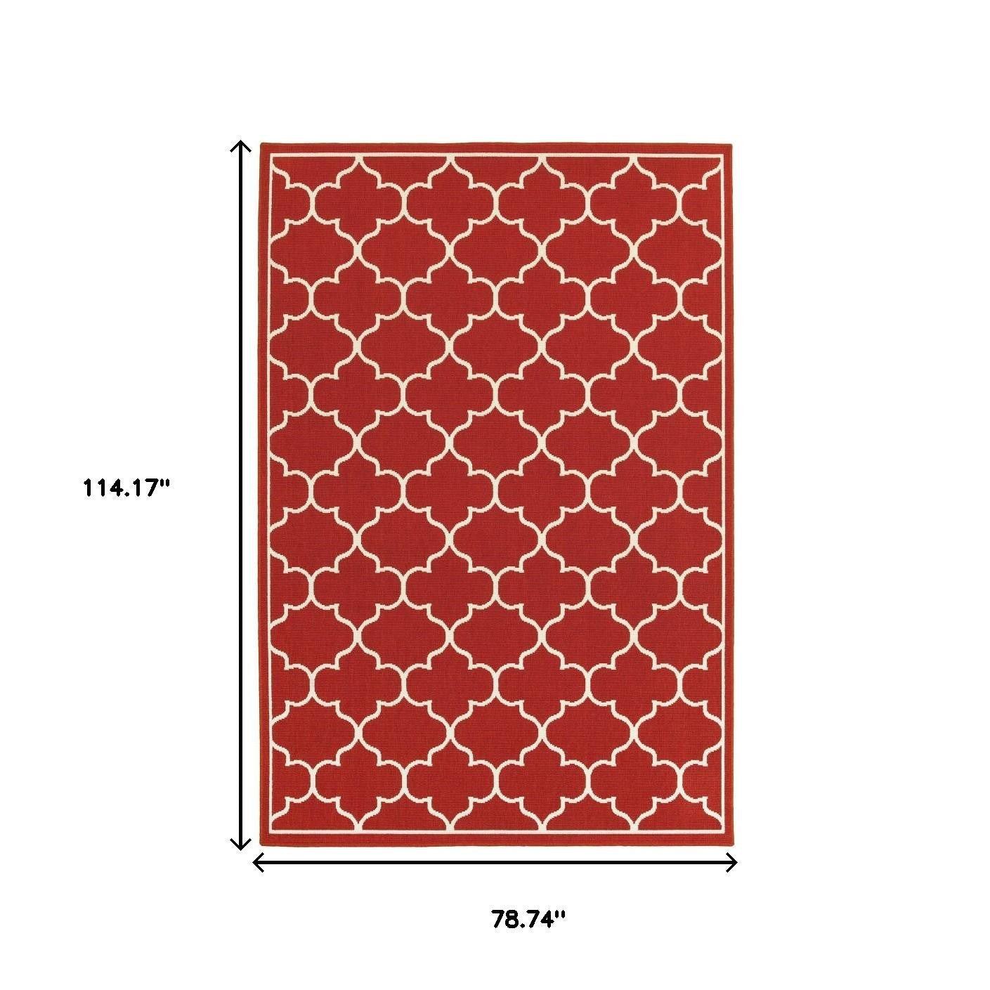 7' X 10' Red And Ivory Indoor Outdoor Area Rug-Outdoor Rugs-DECOROLALA