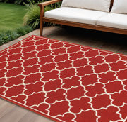 7' X 10' Red And Ivory Indoor Outdoor Area Rug-Outdoor Rugs-DECOROLALA