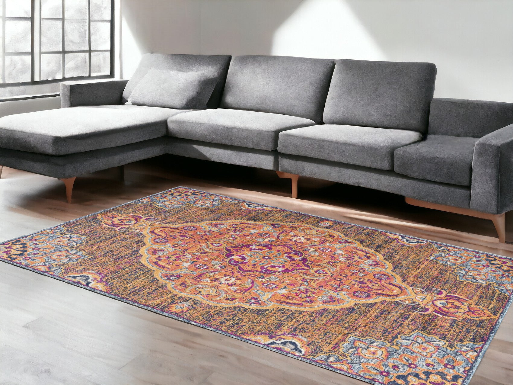 7' X 10' Rustic Orange Medallion Area Rug-Area Rugs-DECOROLALA