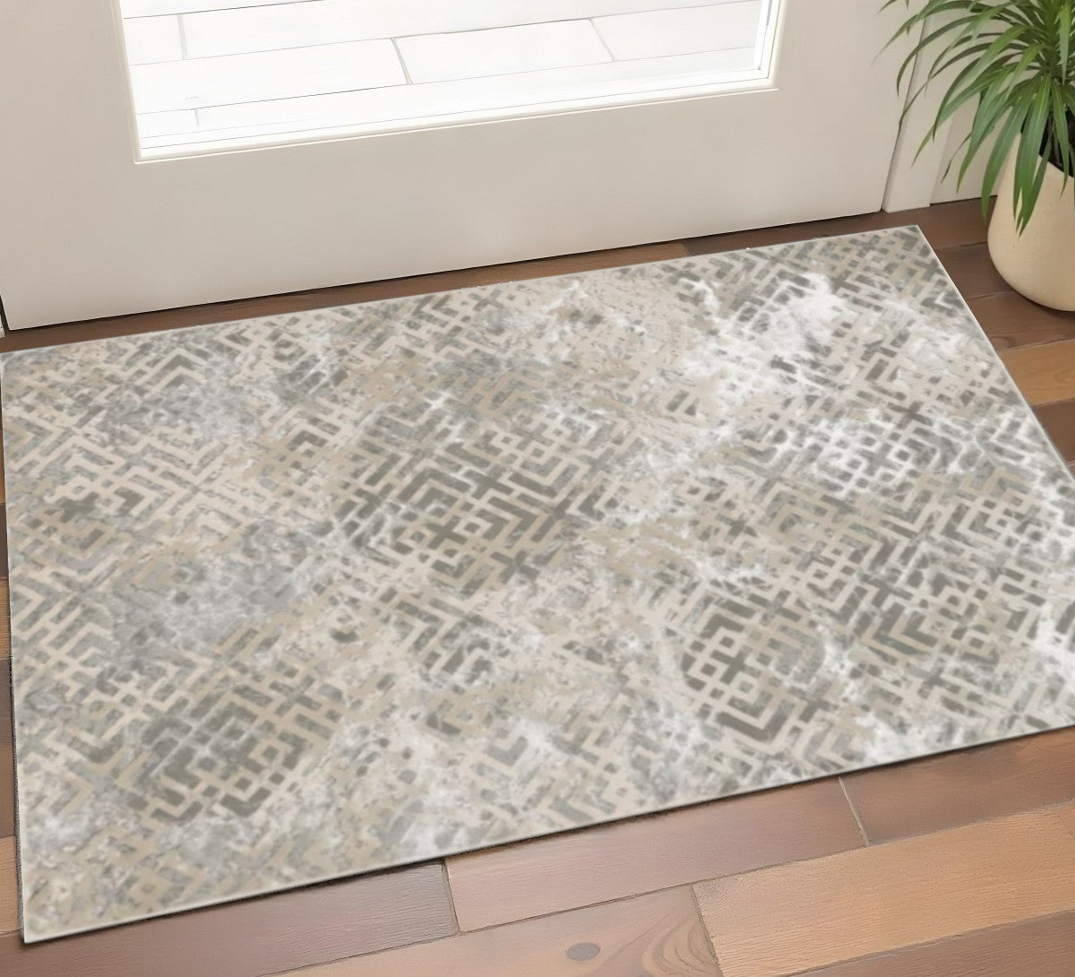 7' X 10' Sand And Light Blue Geometric Area Rug-Area Rugs-DECOROLALA
