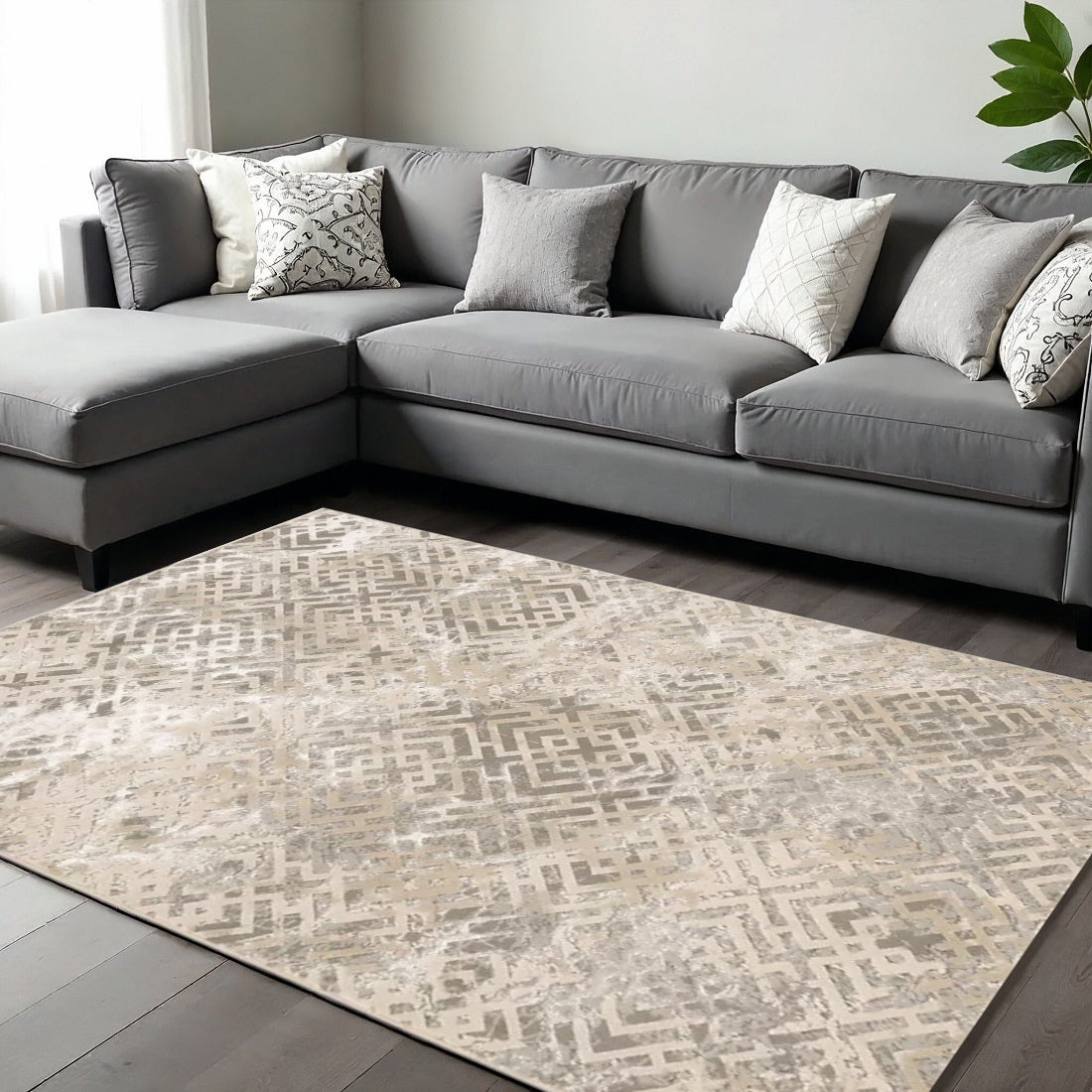 7' X 10' Sand And Light Blue Geometric Area Rug-Area Rugs-DECOROLALA