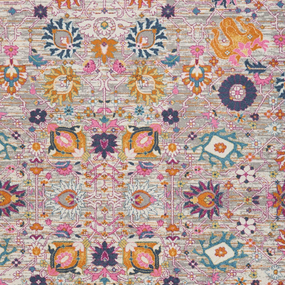 7' X 10' Silver Gray And Pink Floral Distressed Area Rug-Area Rugs-DECOROLALA