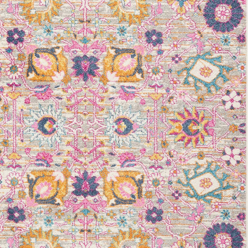 7' X 10' Silver Gray And Pink Floral Distressed Area Rug-Area Rugs-DECOROLALA