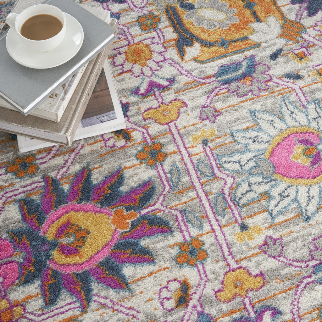 7' X 10' Silver Gray And Pink Floral Distressed Area Rug-Area Rugs-DECOROLALA