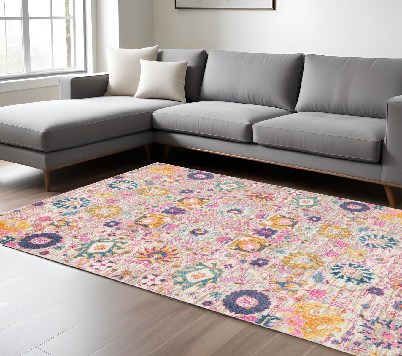 7' X 10' Silver Gray And Pink Floral Distressed Area Rug-Area Rugs-DECOROLALA