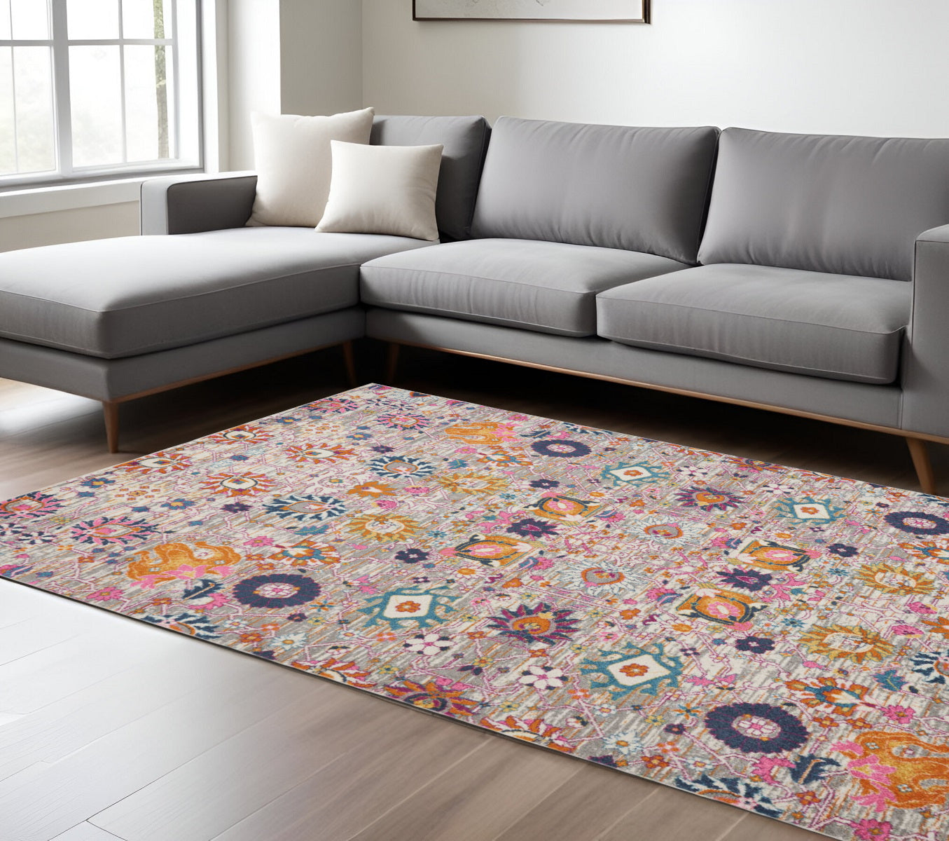 7' X 10' Silver Gray And Pink Floral Distressed Area Rug-Area Rugs-DECOROLALA