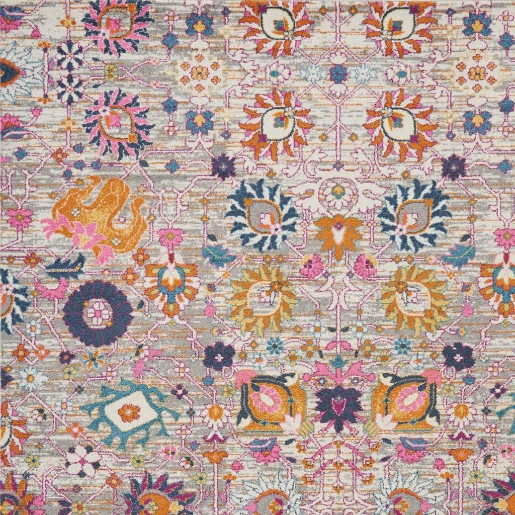 7' X 10' Silver Gray And Pink Floral Distressed Area Rug-Area Rugs-DECOROLALA