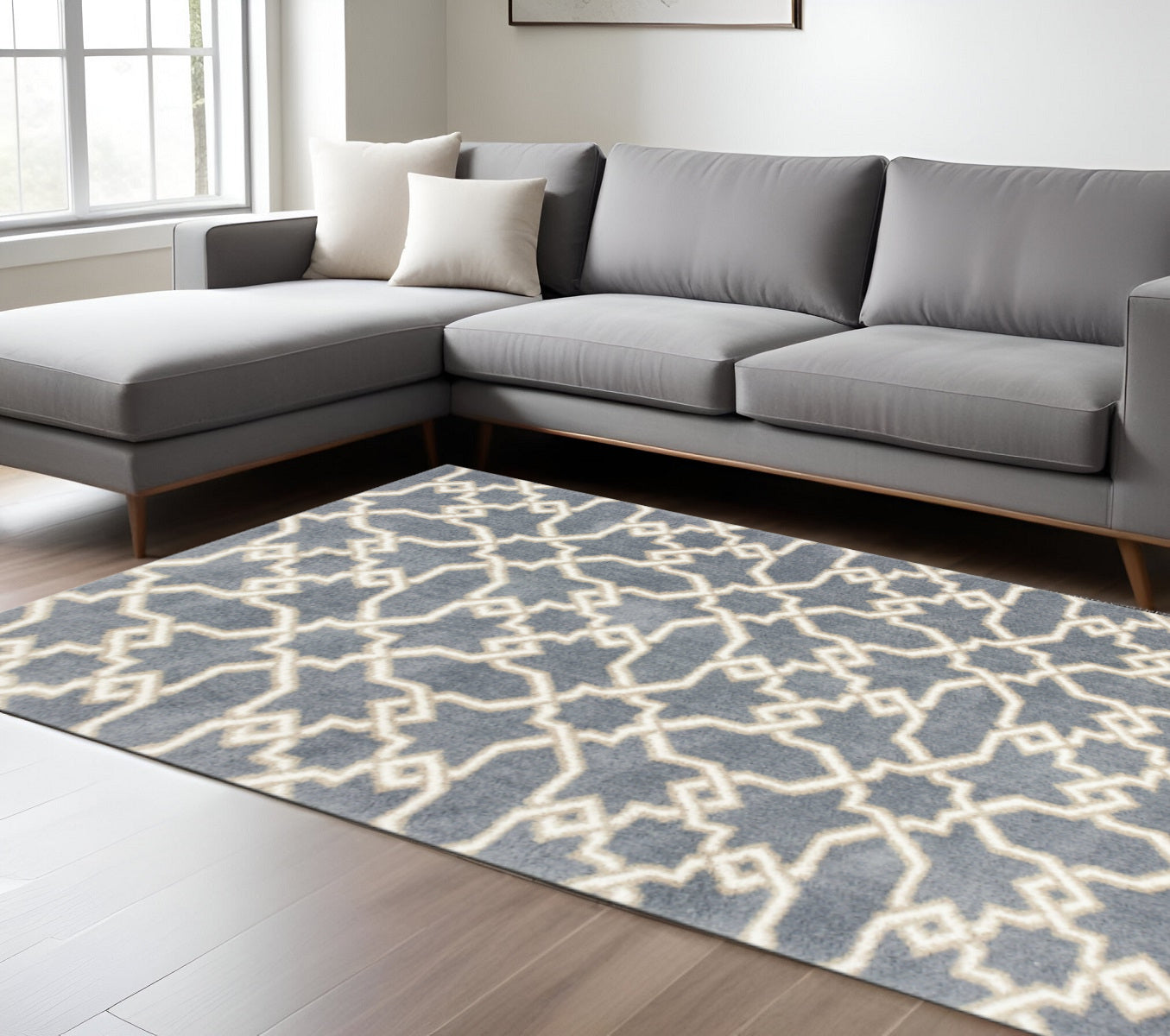 7' X 10' Slate Blue And Ivory Geometric Area Rug-Area Rugs-DECOROLALA
