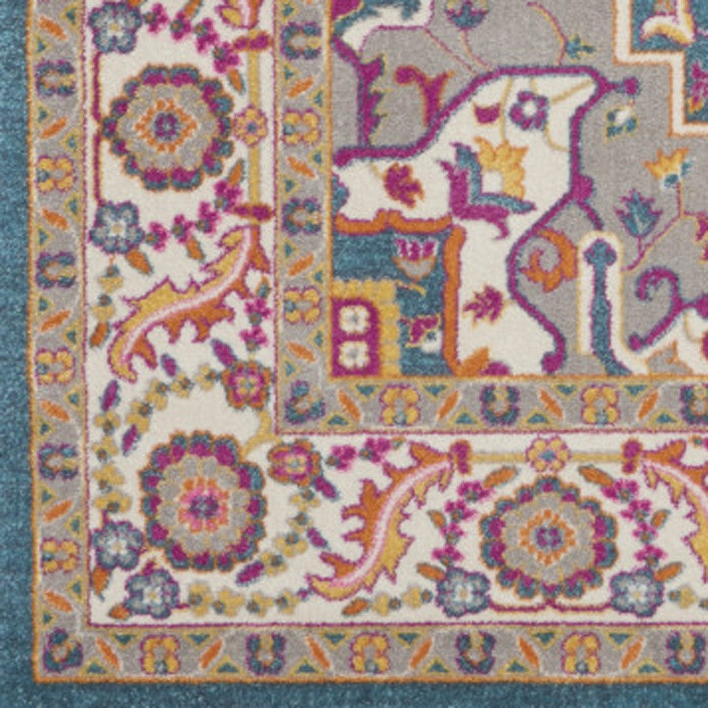 7' X 10' Teal And Ivory Medallion Distressed Area Rug-Area Rugs-DECOROLALA