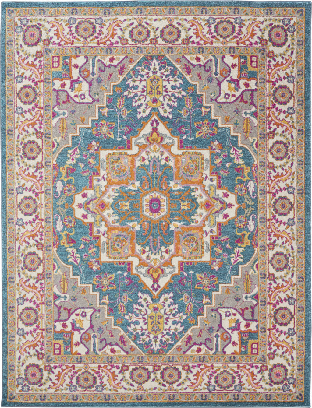 7' X 10' Teal And Ivory Medallion Distressed Area Rug-Area Rugs-DECOROLALA