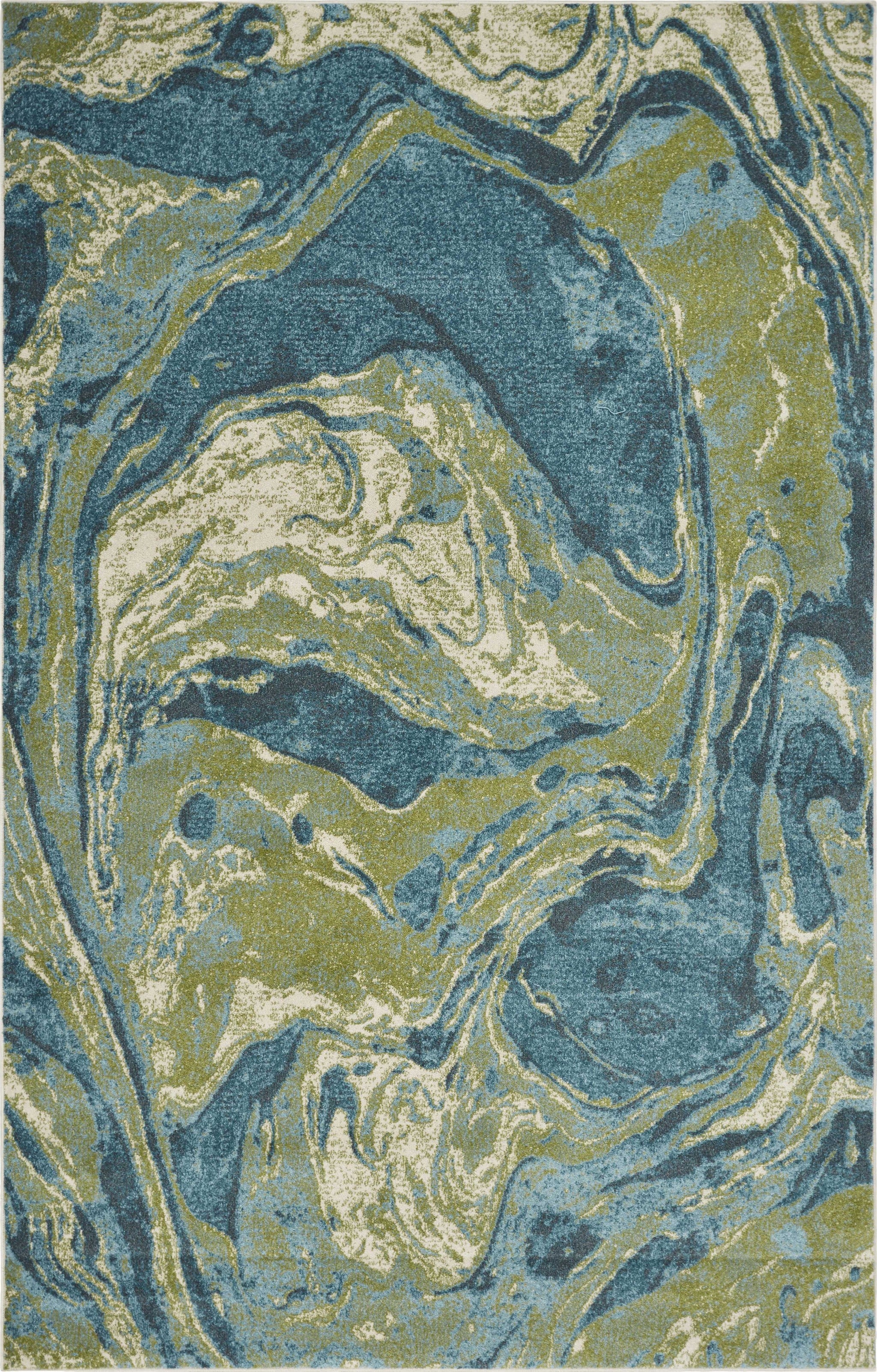7' X 10' Teal Blue Machine Woven Marble Indoor Area Rug-Area Rugs-DECOROLALA