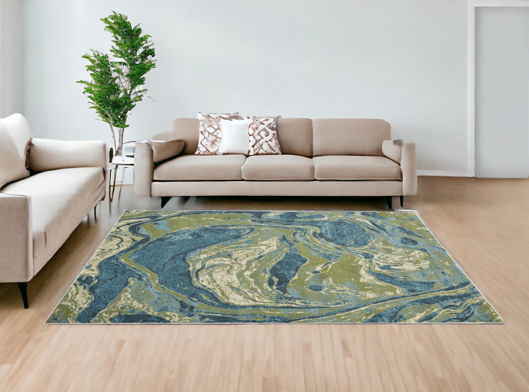 7' X 10' Teal Blue Machine Woven Marble Indoor Area Rug-Area Rugs-DECOROLALA